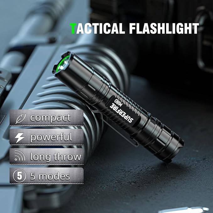 SuperFire MI80-S EDC Flashlight Torch 5 Modes Portable Tactical Flashlight Camping Outdoor Lighting (15, Watts)