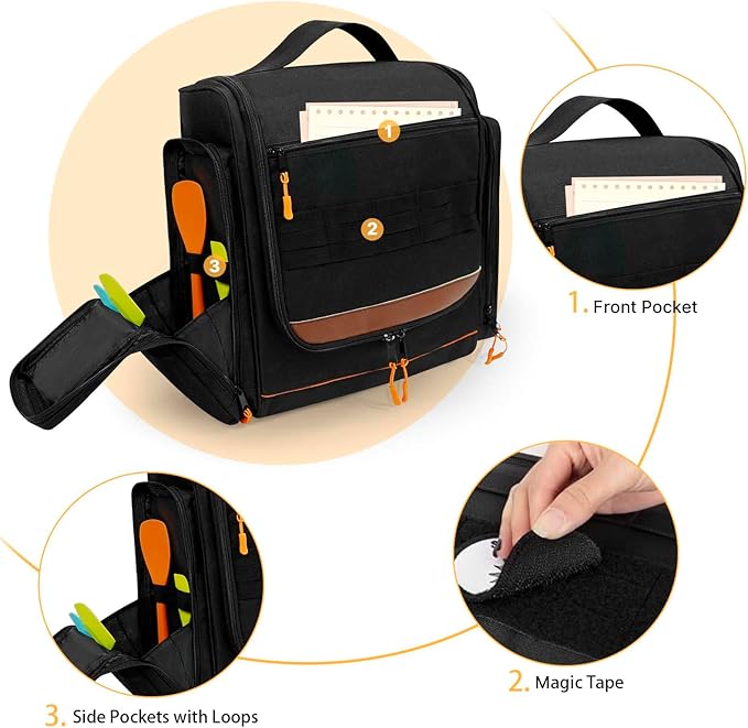 Large Tactical Hanging Camping Cookware Bag, Camping Kitchen Organizer with Paper Towel Holder and Multi Pockets, Camping Cooking Utensils Organizer for RV Tent Camper and Grilling, Bag Only (Black)