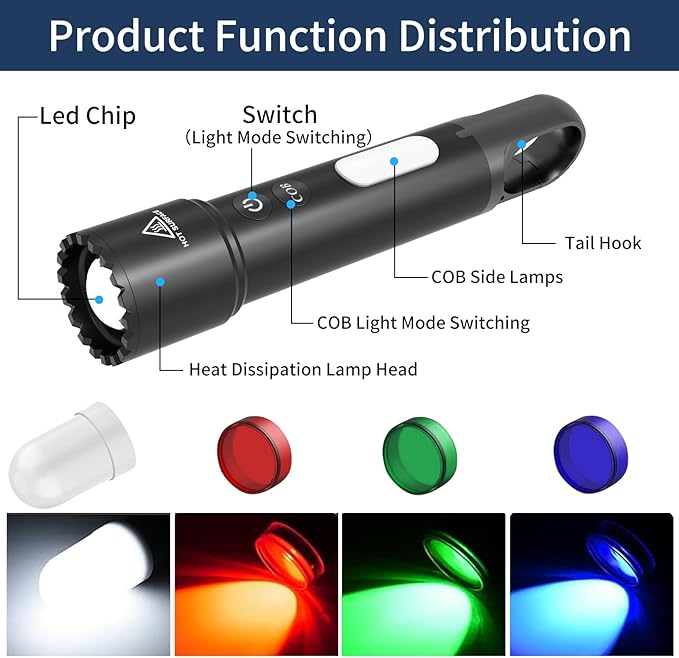 Rechargeable Flashlight, High Lumens LED Flashlight with COB Red Light, Multi Color Powerful Flashlight with Hook for Kids Camping、Outdoors Work, Gifts for Christmas Birthday Men&Women