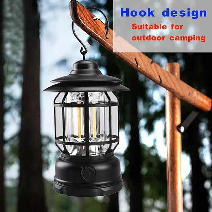 Camping Light, Waterproof Tent Light with Two Lighting Modes, Ambient Light, Ultra Long Lasting Vintage Hand Lamp, Upgraded Flickering Flame, Adjustable Brightness, Large, Black