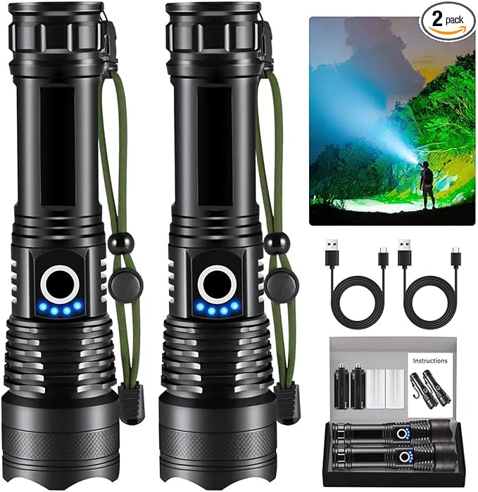 Flashlights High Lumens Rechargeable, 2Pack Rechargeable Flashlights, 990000lm Super Bright Flashlight, 5Mode Tactical Flashlights High Lumens, LED Flashlight High Powered, Waterproof Flash Light LED