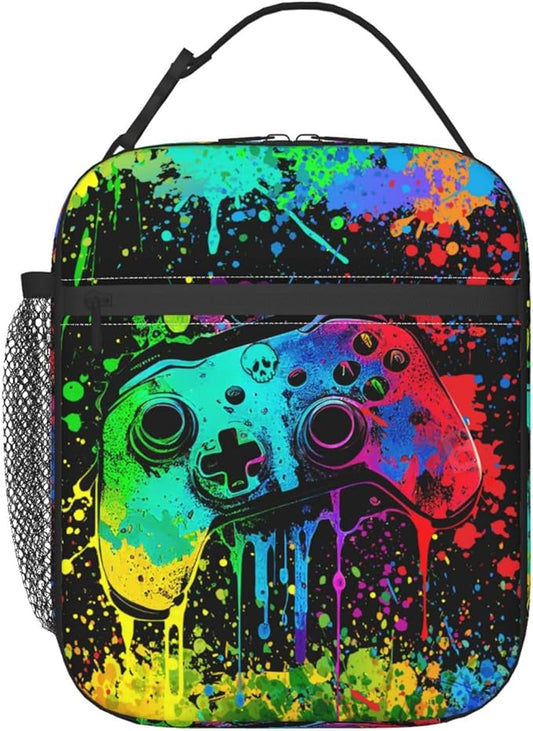 Video Game Controller Insulated Lunch Bag, Colorful Abstract Artist Painting Lunch Box for Boys Girls Kids, Portable Reusable Zipper Lunch Box for Men Women School Work Travel