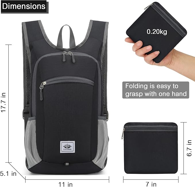 15L Lightweight Hiking Backpack Foldable Small Travel Backpack Packable Camping Backpack for Women Men (Black)