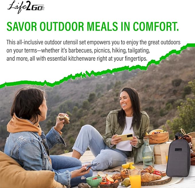 Camp Cooking Utensil Set & Outdoor Kitchen Gear Cookware Kit, Portable Compact Carry Case for Camping, Hiking, Travel, BBQ Grilling Stainless Steel Accessories Spoon & Fork