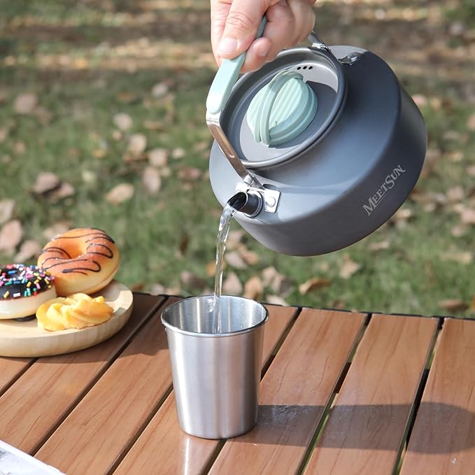 Camping Cookware Set with Silicone Handle, Camping Cooking Set for 2-3 Person,Camp Cooking Set with 1.5L Pot,Camping Pot Pan Set with Kettle and Folding Tableware for Camping Hiking Picnic