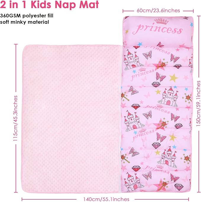 Kids Sleeping Bag Nap Mat with Removable Pillow and Blanket,Extra Thick Large 2 in 1 Slumber Bags for Boys Girls,Toddler Nap Mat for Preschool Daycare Travel Camping