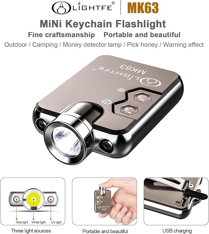 LIGHTFE Key-Chain Flashlight MK63 3 in 1 uv Light+Glare White Light+red Light for EDC Flashlight, Camping Flashlight, Emergency Light Designs to Max. 300LM Brightness, 3 Colors LED Lamp(Grey)