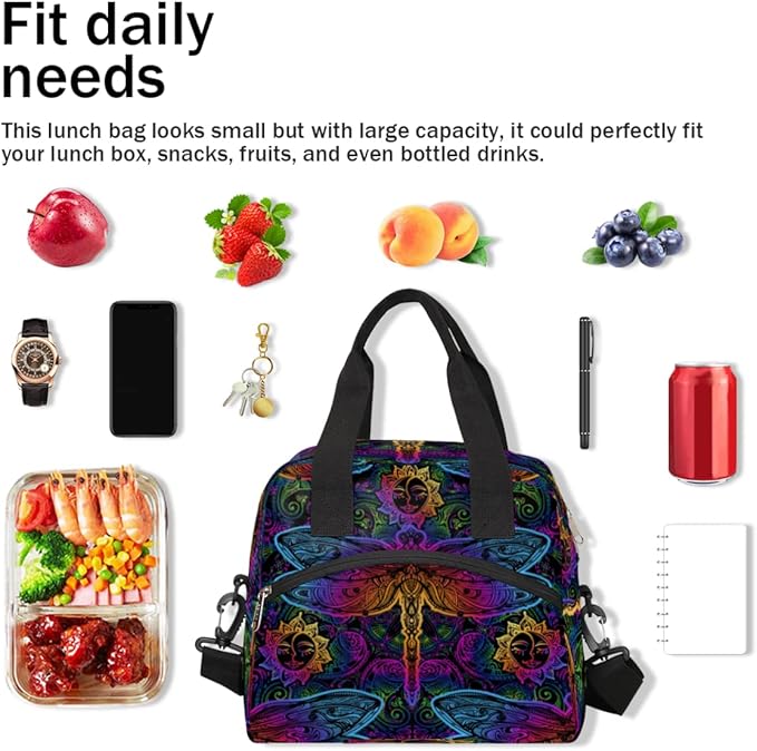 Bohemian Colorful Insulated Lunch Bags for Women Men Ethnic Dragonfly Reusable Lunch Box Shoulder Strap Tote Lunch Bag Cooler Thermal Bag for School Work Travel Office Picnic Girls Boy Adult