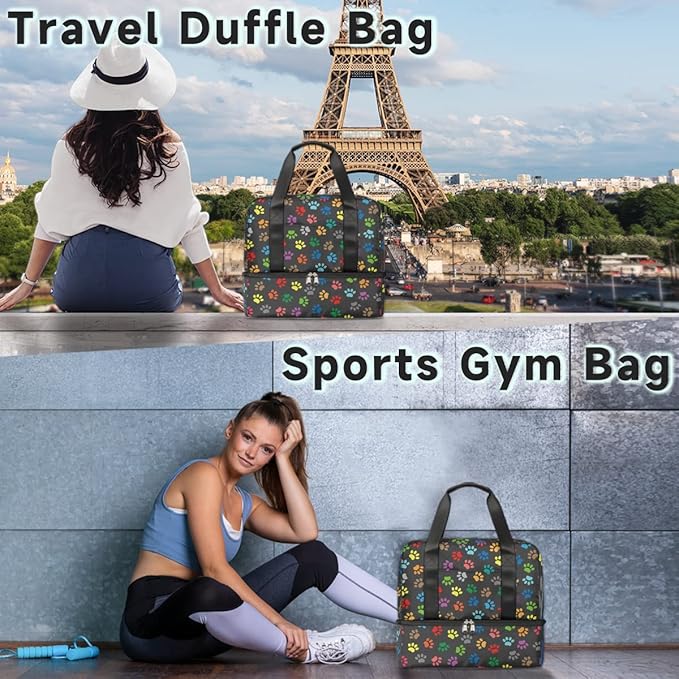 Sports Gym Bag Colorful Dog Paw Print Travel Duffel Bag Waterproof Lightweight Swim Bag Travel Tote Luggage Weekender Overnight Handbag Workout Bag with Shoes Compartment for Women Men