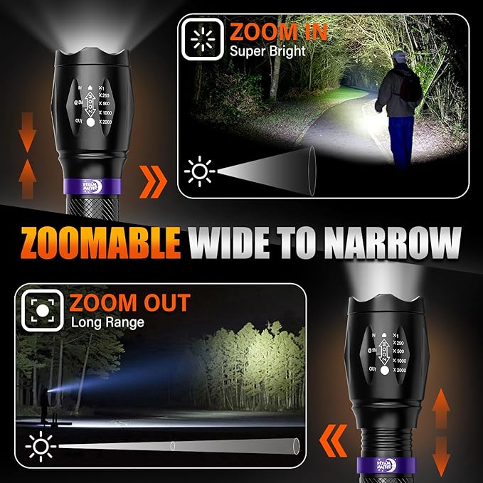 2 Pack LED Flashlights High Lumens with 6 AAA Batteries, 5 Modes Mini Waterproof Tactical Flashlight for Camping Hiking, Bright Flashlight with Zoomable, Fathers Day Dad Gifts for Him, Black & Purple