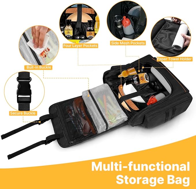 Large Tactical Hanging Camping Cookware Bag, Camping Kitchen Organizer with Paper Towel Holder and Multi Pockets, Camping Cooking Utensils Organizer for RV Tent Camper and Grilling, Bag Only (Black)