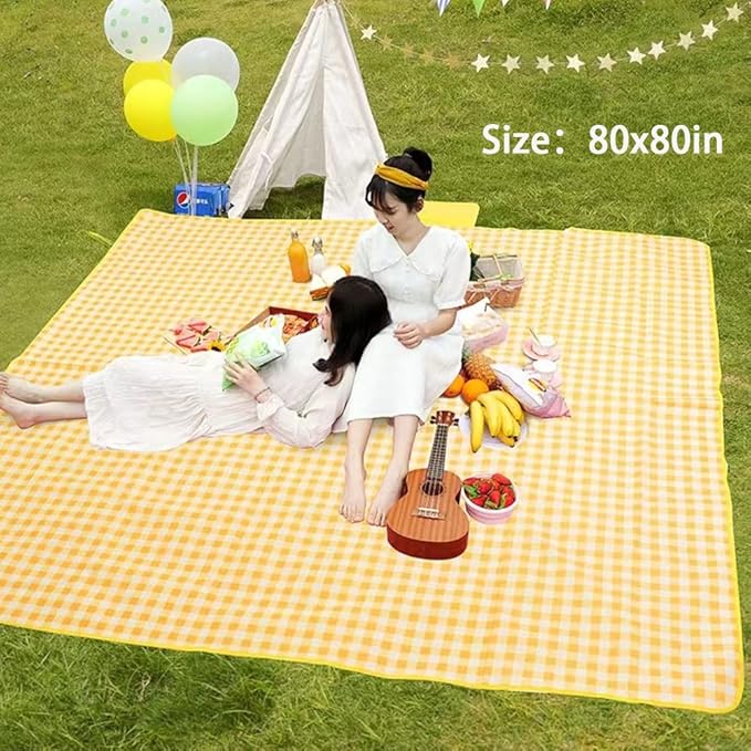 Extra Large Picnic Blanket Beach Blankets, 80''x60'' Picnic Mat Waterproof Sand Proof Foldable Portable for Outdoor Camping Hiking Travel Grass Park Music Festival Lawn Mats (yellow, 80x60 inch)