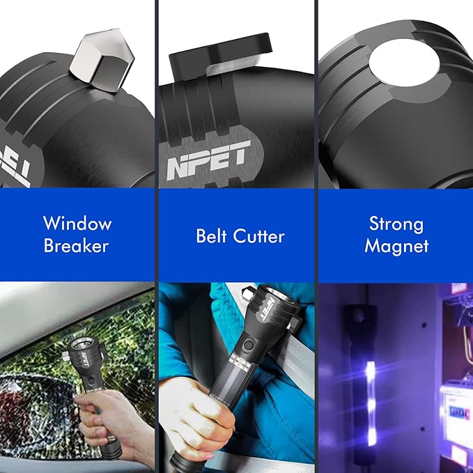 NPET T09 Solar Flashlight Car Flashlight 268 Lumens LED COB Light USB Rechargeable Tactical Multi-Function Torch Tool with Window Breaker Seat Belt Cutter Compass (T09-2pack)