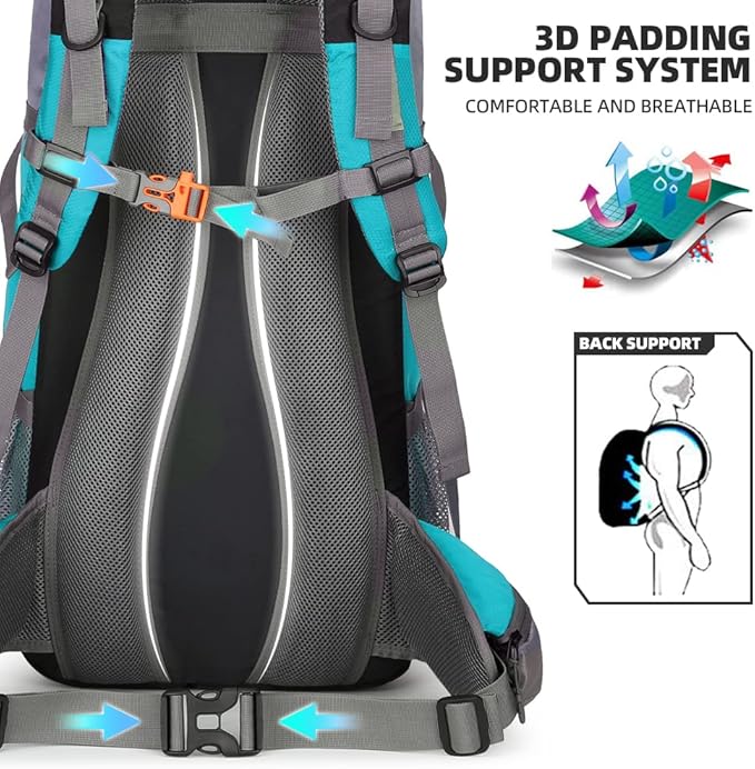 King'sGuard 70L Hiking Backpack Large Lightweight Waterproof Camping Backpack Travel Backpacking Backpack Daypack with Rain Cover -Frameless (Lake Blue)