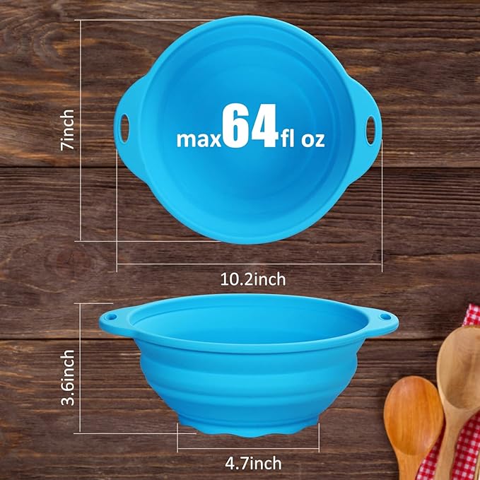 Collapsible SiliconelSalad Bowl 64oz Camping Bowl Outdoor Hiking Travel Durable Bowl for Storage and Mixing Food-Grade Silicone Food Storage Container 1 Pack (Blue)