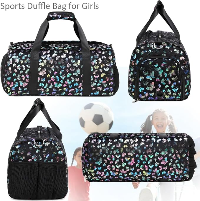 Duffle Bag for Girls Soft Fuzzy Butterfly Dance Bag for Girls Sports Gym Bag Ballet Bag Travel Duffle Bags with Shoes Compartment and Wet Pocket