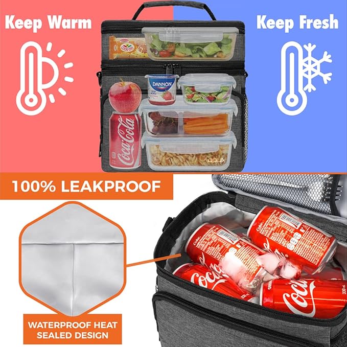 opux Insulated Lunch Bag for Men Women, Large Dual Compartment Cooler Bag, Soft Two Deck Lunch Box for Work School Picnic, Leakproof Lunch Tote with Strap for Kid Adult (Charcoal Gray, Double Deck)