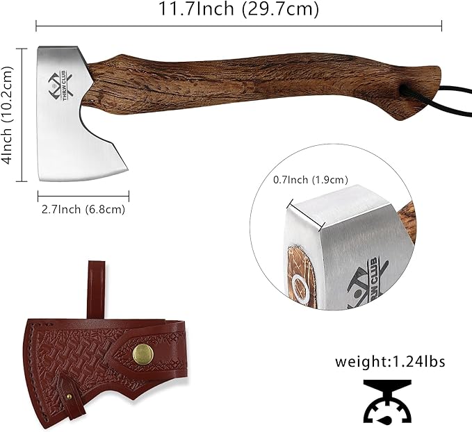 11.7" Hatchet Axe, Camping Axes & Hatchets, Lightweight and Compact Hatchet with Wood Handle, Small Hatchet Axe with Retro Leather Sheath, Bushcraft Axe for Chopping and Kindling, Ideal Gifts