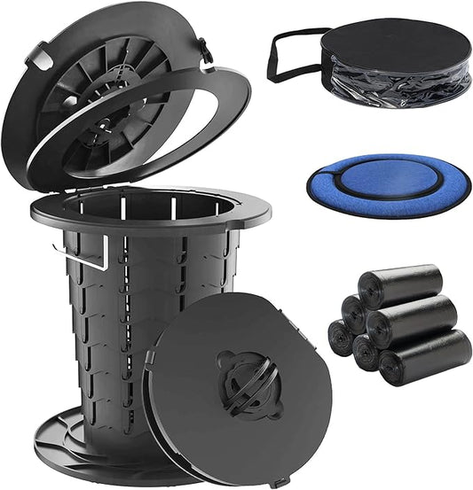 ALEVMOOM Portable Toilet for Adults Outdoor Camping Adjustable Folding Toilet with 6 Garbage Bags,2.8 Pounds Lightweight Portable Potty for Travel/Boat/Road Trips/Beach Black
