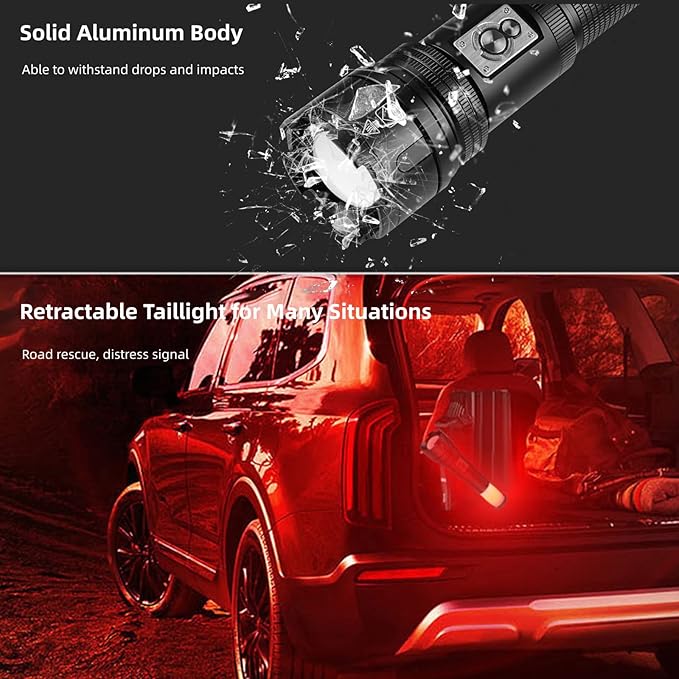 Flashlights High Lumens Rechargeable, Multifunctional Flashlight with Retractable Tail Light, 10 Modes, Led Tactical Flashlights 100000 Lumens for Home, Emergencies, Camping Essentials