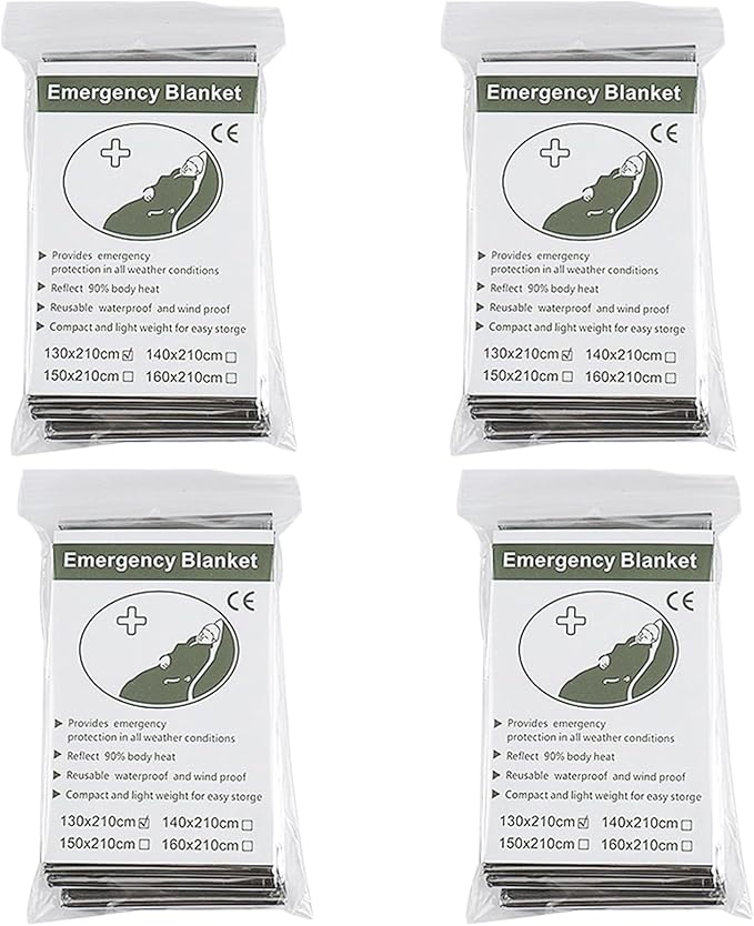 4Pack Outdoor Aluminum Foil Warming Blanket for Wilderness Survival, Camping, Easy Tenting - Rain and Sun Protection - Reflective Warming First Aid Aluminum Foil Blanket (Silver)
