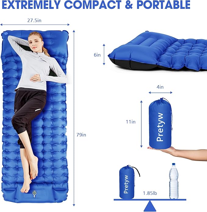 Sleeping Pad for Camping - Ultralight Camping Mattress with Pillow, Built-in Foot Pump, Compact Self-Inflatable Portable Camping Mat for Backpacking, Hiking, Car Traveling, Beach, Tent