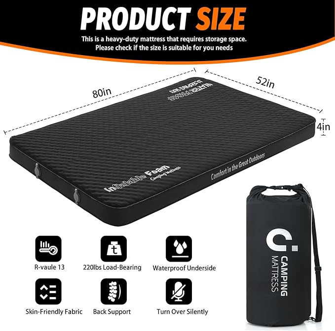 CYMULA Self Inflating Double Sleeping Pad, 4in Ultra-Thick Foam Camping Mattress 2 Person with Air Pump Sack,Camping Beds for Adults Inflatable Sleeping Mat Camping Essentials for Travel, Tent, Black