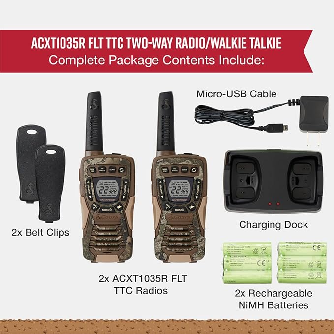 Cobra ACXT1035R FLT Waterproof Walkie Talkies - Rechargeable, Floats, 22 Channels, Long Range 37-Mile Two-Way Radio Set (2-Pack)