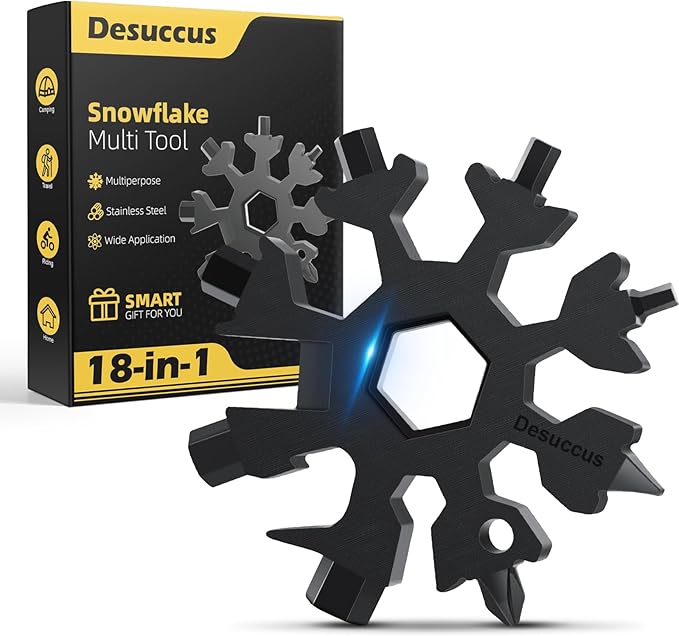 Desuccus 18-in-1 Snowflake Multi Tool, Stainless Steel Snowflake Bottle Opener/Flat Phillips Screwdriver Kit/Wrench, Durable and Portable to Take, Great Christmas Gift(Standard, Black)