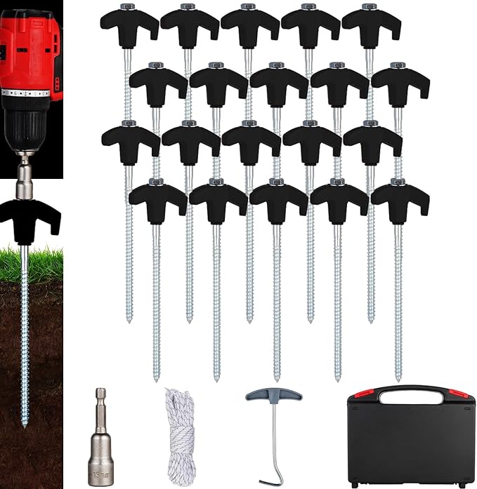 20PCS Screw in Tent Stakes Heavy Duty,8 Inch Screw in Tent Pegs,Metal Camping Stakes,with Hex Head Driver,Nail Lifter,Ropes,Camping Tent Accessories,Black
