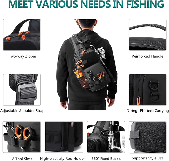 NEW VIEW Fishing Sling Bag, Waterproof Sling Pack with Rod Holder, Versatile Storage Fly Fishing Bags for Men, Small Shoulder Pack for Streams & Rivers