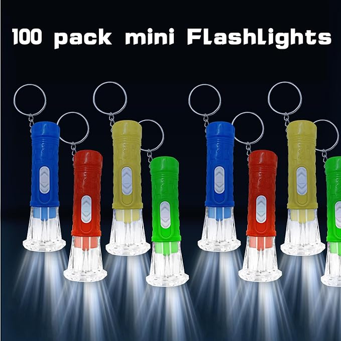 100 Pcs Mini Flashlight Keychains Bulk for Kids Assorted Colors Torch Keyring LED Bright Party Favors, Camping, Travel, Home or Office(4 Colors)