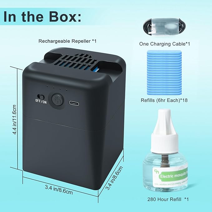 Mosquito Repeller Rechargeable 10000mAh Indoor Outdoor with 20' Mosquito Protection Zone,includes 280 Hr Working Refill (1 bottle Refill and 20 Pcs Refill)