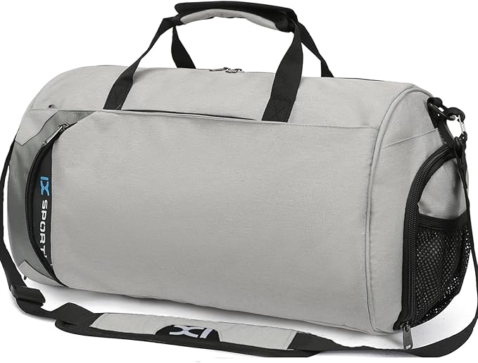 INOXTO Small Sports Gym Bag,Travel Duffel Bag with Dry Wet Pocket and Shoes Compartment for Women and Men,35L Waterproof Weekender Fitness bag For Swim Sports Travel Working Out (light grey 2)