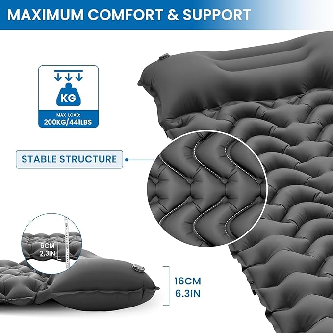 KingCamp Sleeping Pad for Camping, Inflatable Sleeping Pad Ultralight Connectable Camping Mattress with Pillow Built-in Foot Pump for Backpacking Hiking Tent Cot
