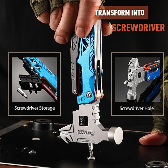 18-in-1 Adjustable Wrench Multitool Hammer, with 7-in-1 Camping Utensils Flatware Set, All-in-One Survival Camping Multi Tool, Hiking, and Everyday Use(Black)