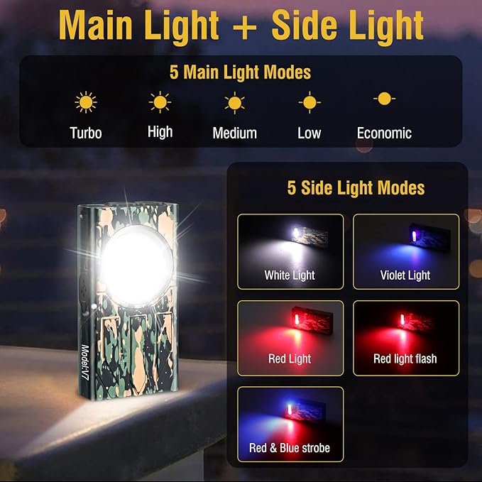 V7 Mini Powerful EDC Flashlight High Lumens 1100LM LED Rechargeable Flashlight with Magnetic and Cilp,Small Pocket Flash Light with Red Blue UV Light
