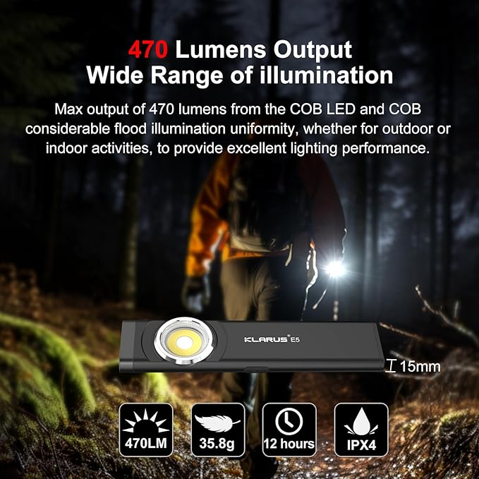 klarus E5 Pocket Flashlight, Rechargeable EDC Flashlight, Super Slim Flat 4.2x1x0.3inch, 470 Lumens, USB-C Port, IPX4, Dual Light Source with Magnetic Base, Hat & Clothes Clip - Black