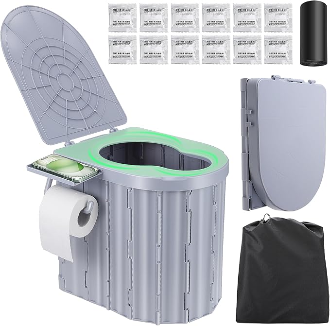 Camping Toilet, Portable Toilet for Adults, 14'' Camping Toilet with Lid, Camp Toilet with Holder, Travel Potty for Camping, Hiking, RoadTrip, Car, Tent, Truck Drivers (grey)