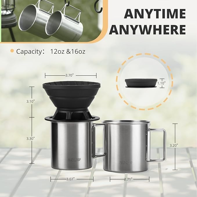 Portable Pour Over Coffee Maker Set, Collapsible Silicone Coffee Dripper Set, Perfect for Travel, Camping, Home (SILVER CUP 2CUP)