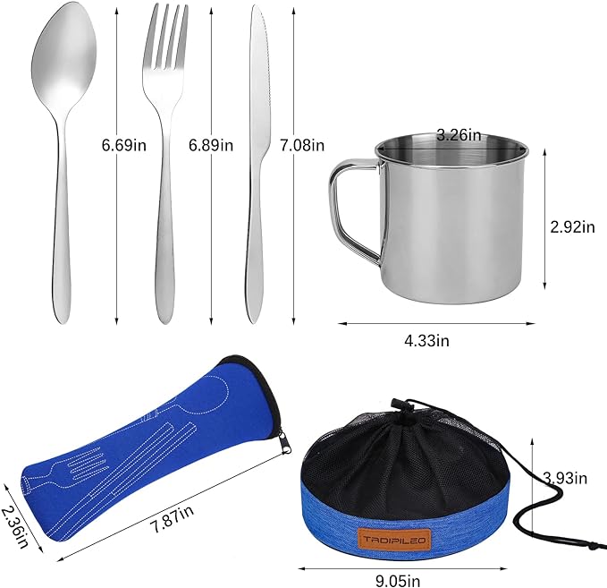 Camping Cutlery Set, 8 Piece Stainless Steel Cutlery Set Including Cutlery Spoons Mug Bowls & Plates Rags, Organizer Straps Easy to Carry for Backpacking, Camping, Hiking and Picnics