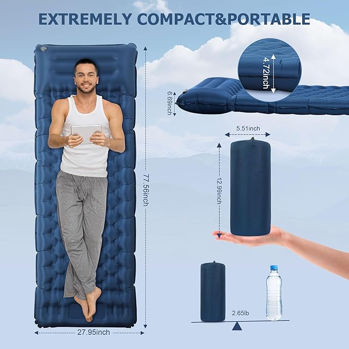 Sleeping Pad for Camping, Ultralight 4.7" Extra-Thick Inflatable Camping mat with Pillow Built-in Foot Pump, Compact Lightweight Air Mattress for Camping Backpacking Hiking Car Travel Tent, Navy Blue