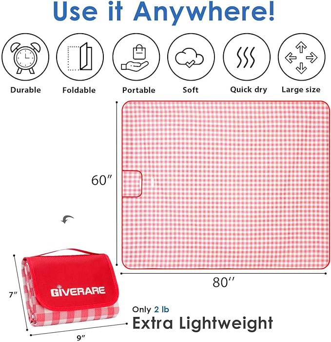 GIVERARE Picnic Beach Blanket Extra Large, XL Sandproof Waterproof Outdoor Camping Blankets 80x60in, Sand Free Oversized Mat, Quick Drying Portable Mats for Travel, Hiking, Music Festival, Lawn-Red