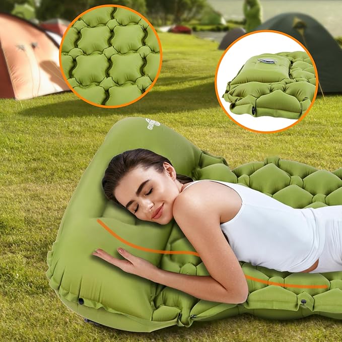 Sleeping Pad Ultralight Inflatable Sleeping Pad for Camping, 80''X25'', Built-in Pump, Ultimate for Camping, Hiking - Airpad, Carry Bag, Repair Kit - Compact & Lightweight Air Mattress(Green)