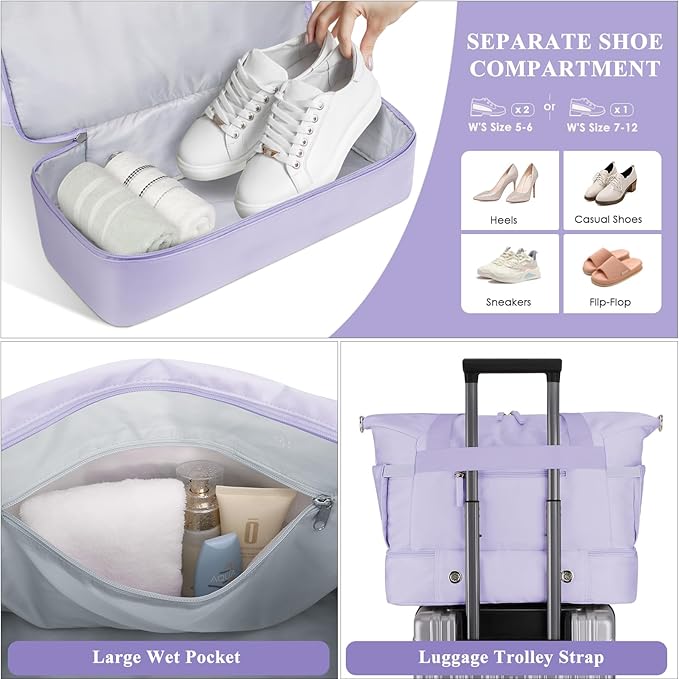 ETRONIK Gym Bag for Women, Travel Duffel Bag with USB Charging Port, Weekender Overnight Bag with Wet Pocket and Shoes Compartment for Women, Travel, Gym, Yoga (Purple)