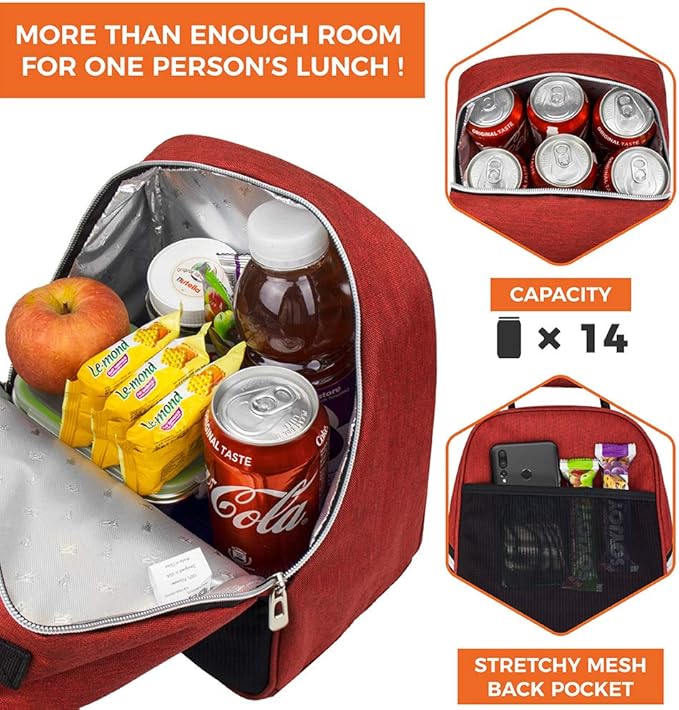 opux Lunch Box for Girls Boys Kids, Insulated Leakproof Lunch Bag, Reusable Teen Lunch Boxes for School, Medium Large lunchbox for Women Men Adult for Work with Front Back Pocket (Red)