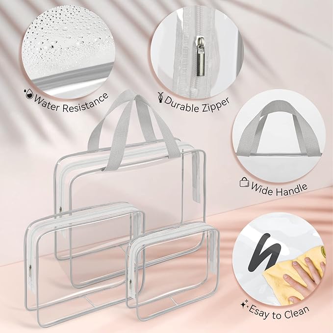 TISRATOK 10 PCS Clear Travel Makeup Toiletry Bag, Plastic PVC Cosmetic TSA Approved Organizer Kit with Zipper Handbag(Grey)