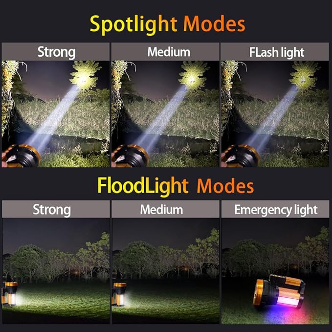 KINQILIN1200,000LM Rechargeable Spotlight 30600mAh Spotlight Flashlight 100H Ultra-Long Standby IP67 Waterproof Spotlight with 6 Modes Handheld Rechargeable Flashlight for Camping Hunting Emergency