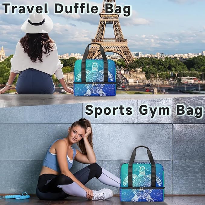Sports Gym Bag Ocean Turtle Travel Duffel Bag Waterproof Lightweight Swim Bag Travel Tote Luggage Weekender Overnight Handbag Workout Bag with Shoes Compartment for Women Men