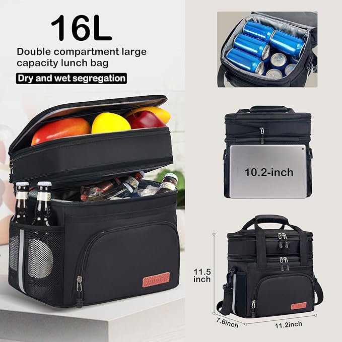 Lunch Box For Men/Women,Large Double-layer Insulated Expandable Reusable Leakproof Cooler Bags For Adults,Lunch Bag With Adjustable Shoulder Strap For Office Travel Picnic(Black)